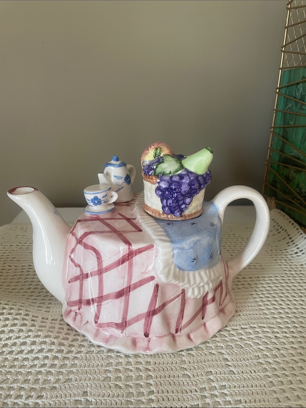 Decorative Ceramic Fruit Teapot in White, Pink and Blue